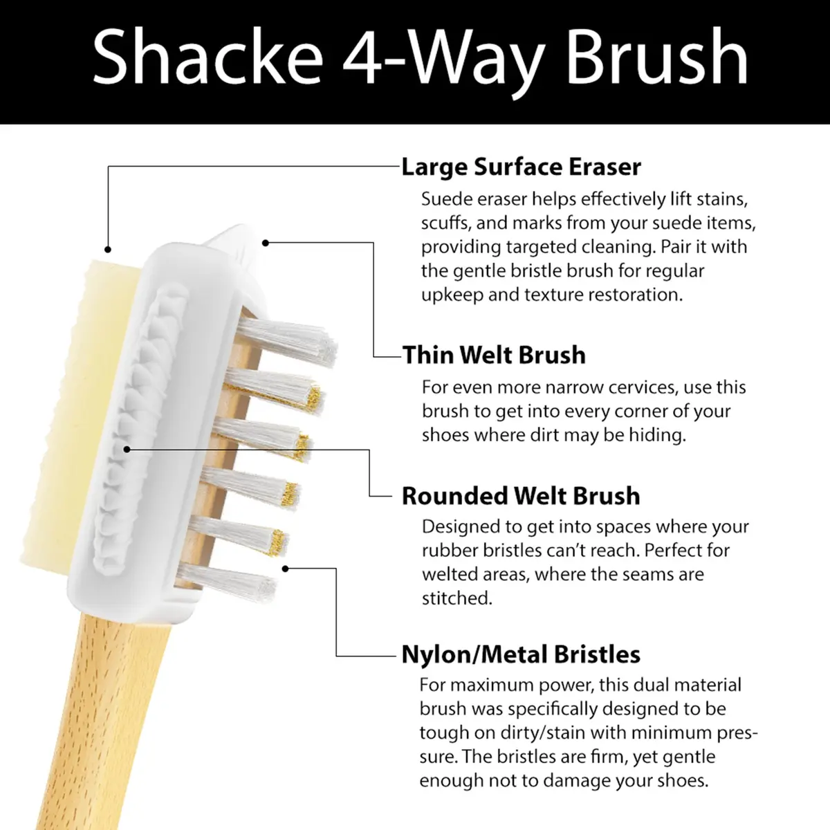 Shacke 4-Way Suede & Nubuck Brush Cleaner with Eraser, White | Cleans Shoes, Boots, Jackets, Furniture - view 4