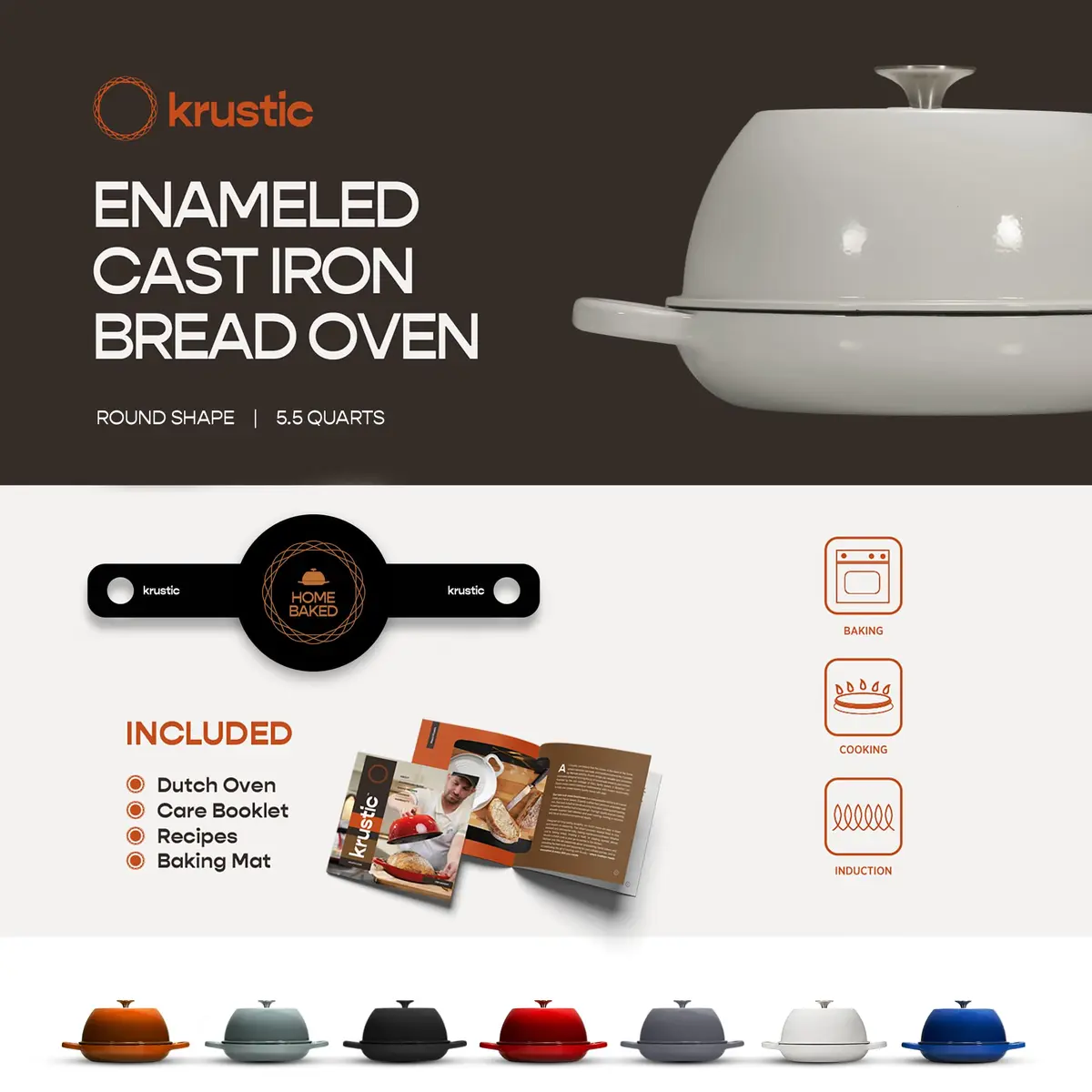 Krustic 6 Qt Enameled Cast Iron Dutch Oven for Sourdough Bread | 10 Inch Round Pot with Lid - view 5