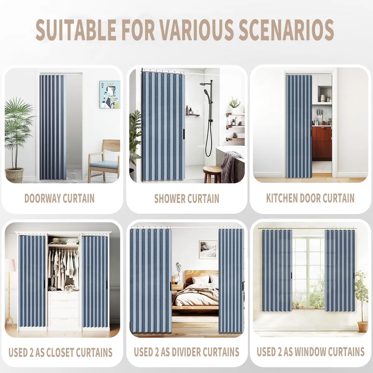 Vatge Accordion Style Door Curtain Blue 100cm (39"W) x 198cm (78"L) | Room Divider with Tieback - view 8