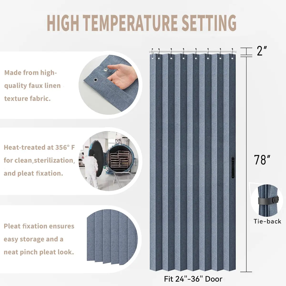 Vatge Accordion Style Door Curtain Blue 100cm (39"W) x 198cm (78"L) | Room Divider with Tieback - view 2