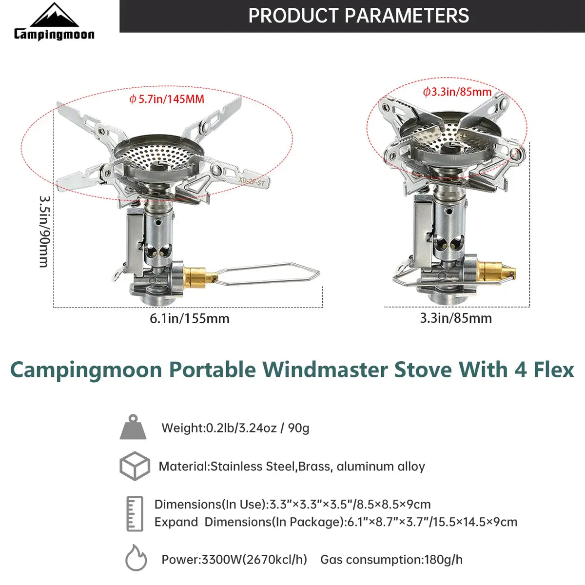 Campingmoon XD-2F Portable Foldable Stove | 3.3kW High-Efficiency Burner, Piezo Igniter, 4-Flex Pot Support, Ultralight 92g - view 3