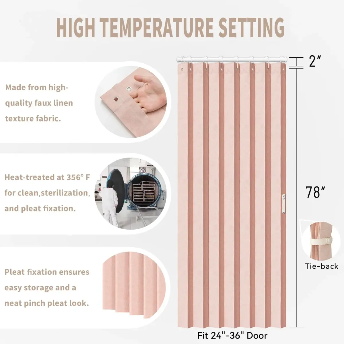 Vatge Accordion Door Curtain Pink Panel 100cm x 198cm (39"W x 78"L) | Faux Linen Privacy Divider - view 2