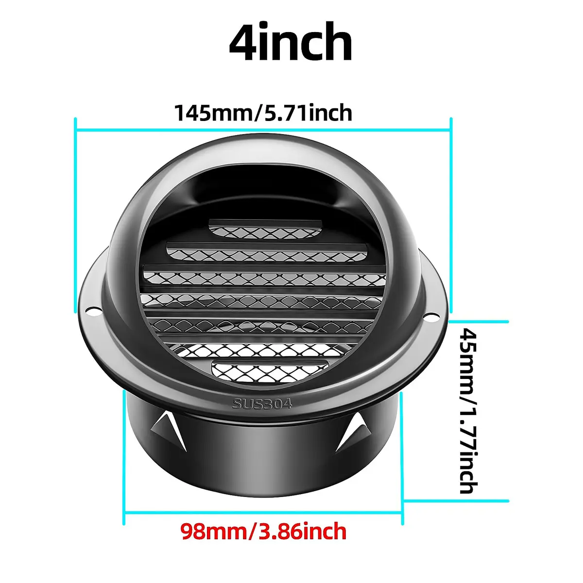 PIIYOOSNN 4-inch Round Wall Vent Cap with Mesh, 10.2 cm (4") Stainless Steel Air Vent | Hemispherical Hood for HVAC Exhaust - view 7