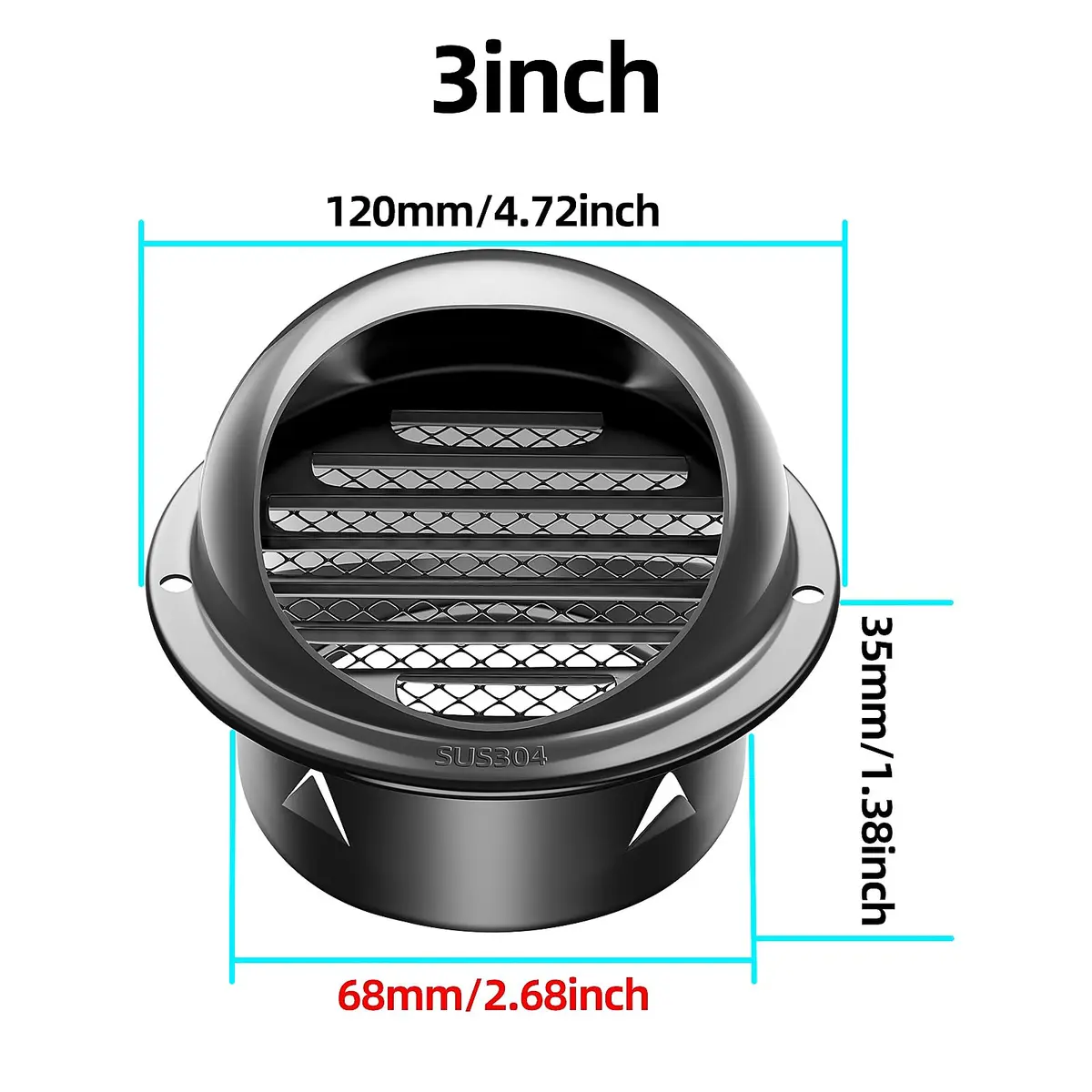 PIIYOOSNN 3" inch Round Wall Vent Cap Stainless Steel Mesh | Windproof & Rainproof Cover (70 words) - view 7