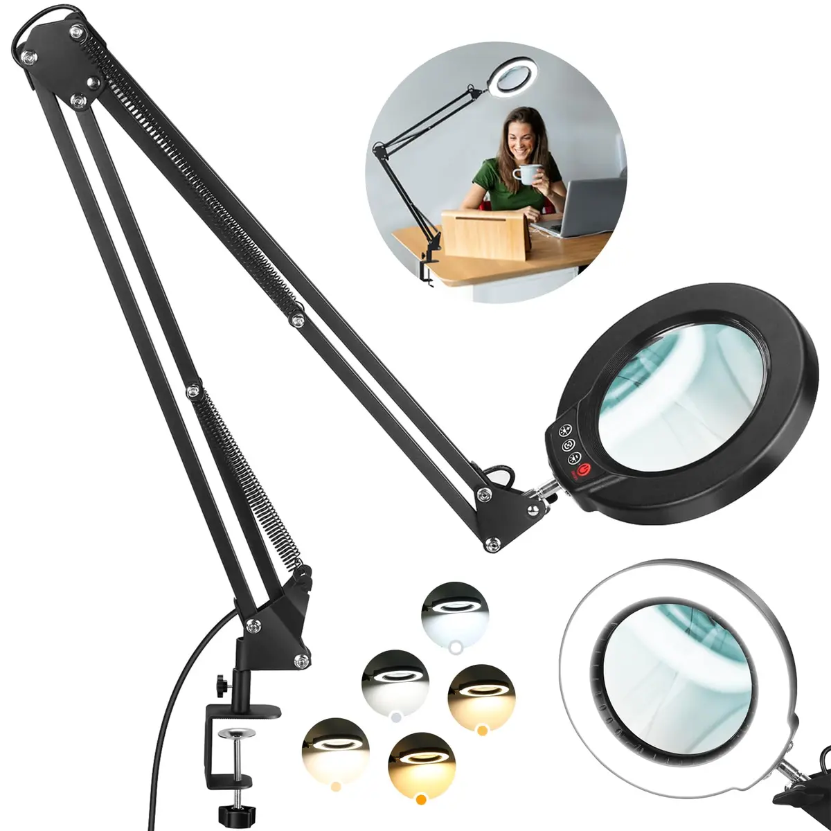 Krstlv 12X Magnifying Glass with Light and Clamp, 4.3-inch Real Glass Lens, 2x16 Inch Swing Arm, Black - main product image