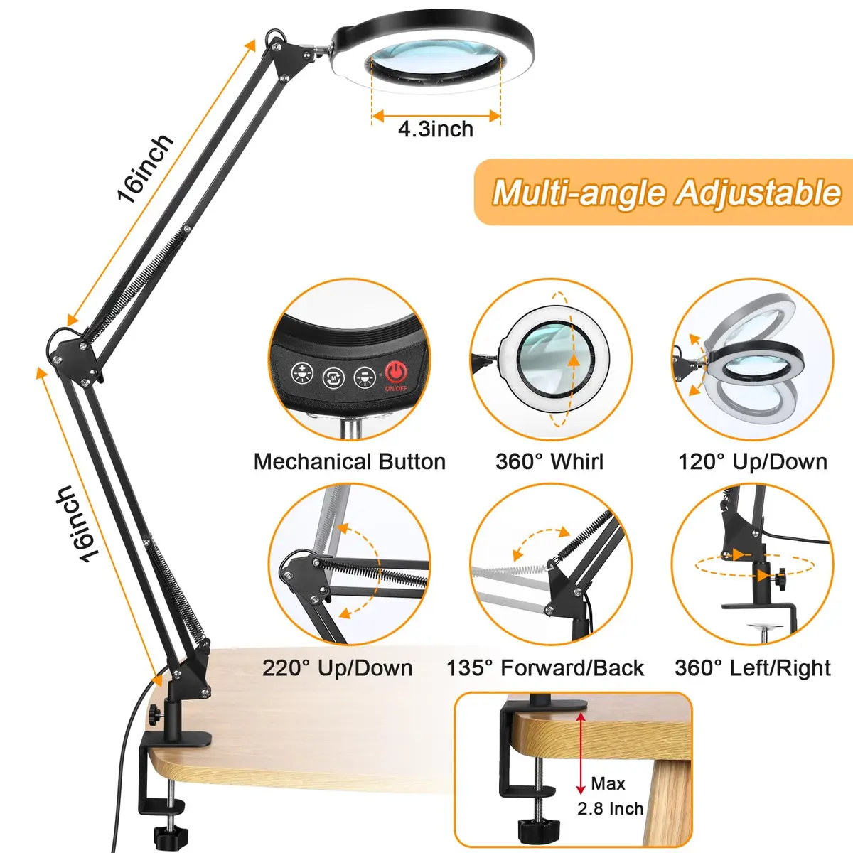 Krstlv 12X Magnifying Glass with Light and Clamp, 4.3-inch Real Glass Lens, 2x16 Inch Swing Arm, Black - view 3