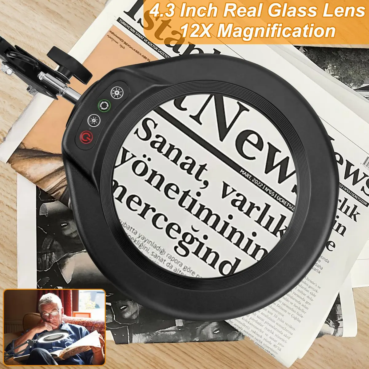 Krstlv 12X Magnifying Glass with Light and Clamp, 4.3-inch Real Glass Lens, 2x16 Inch Swing Arm, Black - view 4