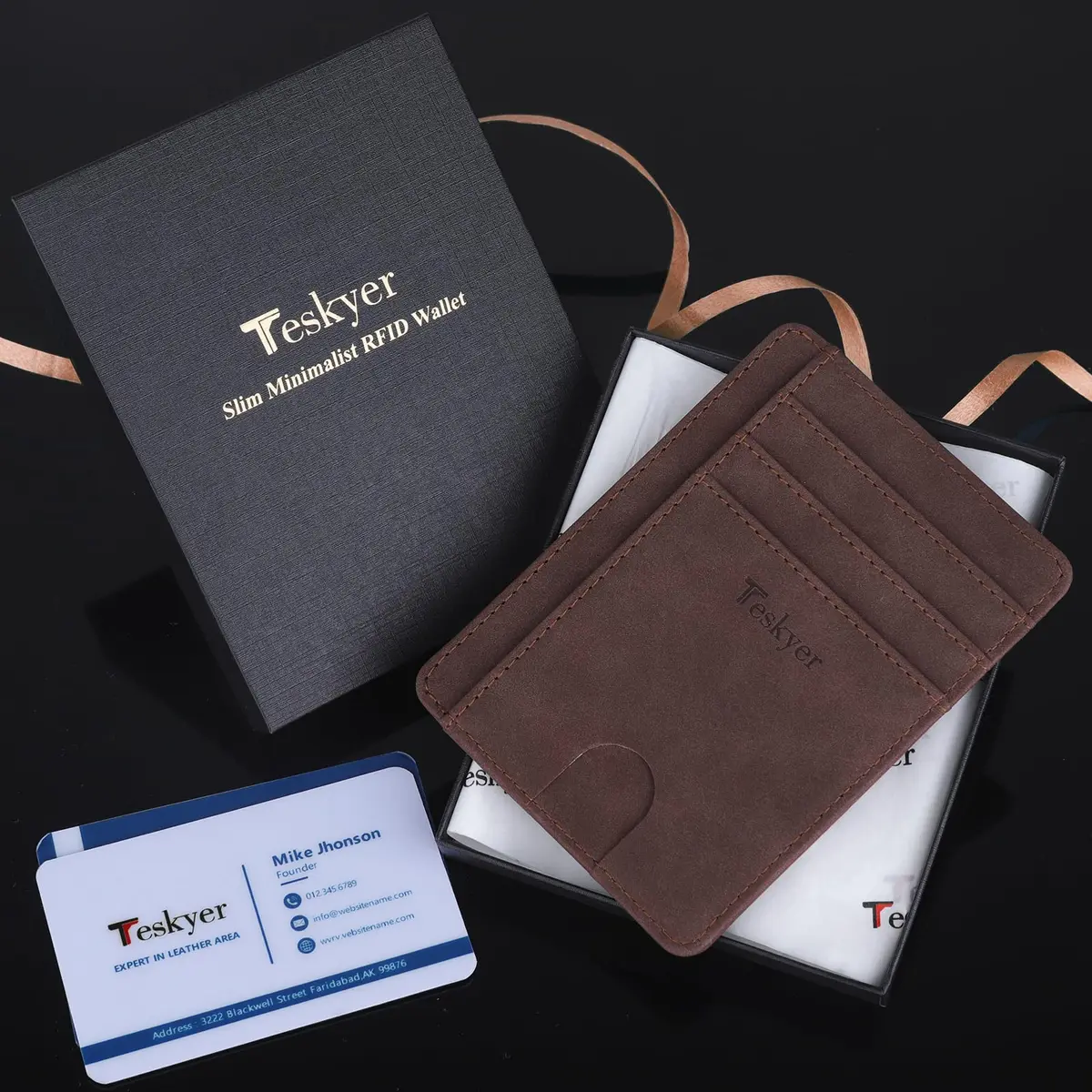 Teskyer RFID Slim Minimalist Wallet for Men, Y98 - Dark Brown | Front Pocket RFID Blocking Leather Wallet - view 8
