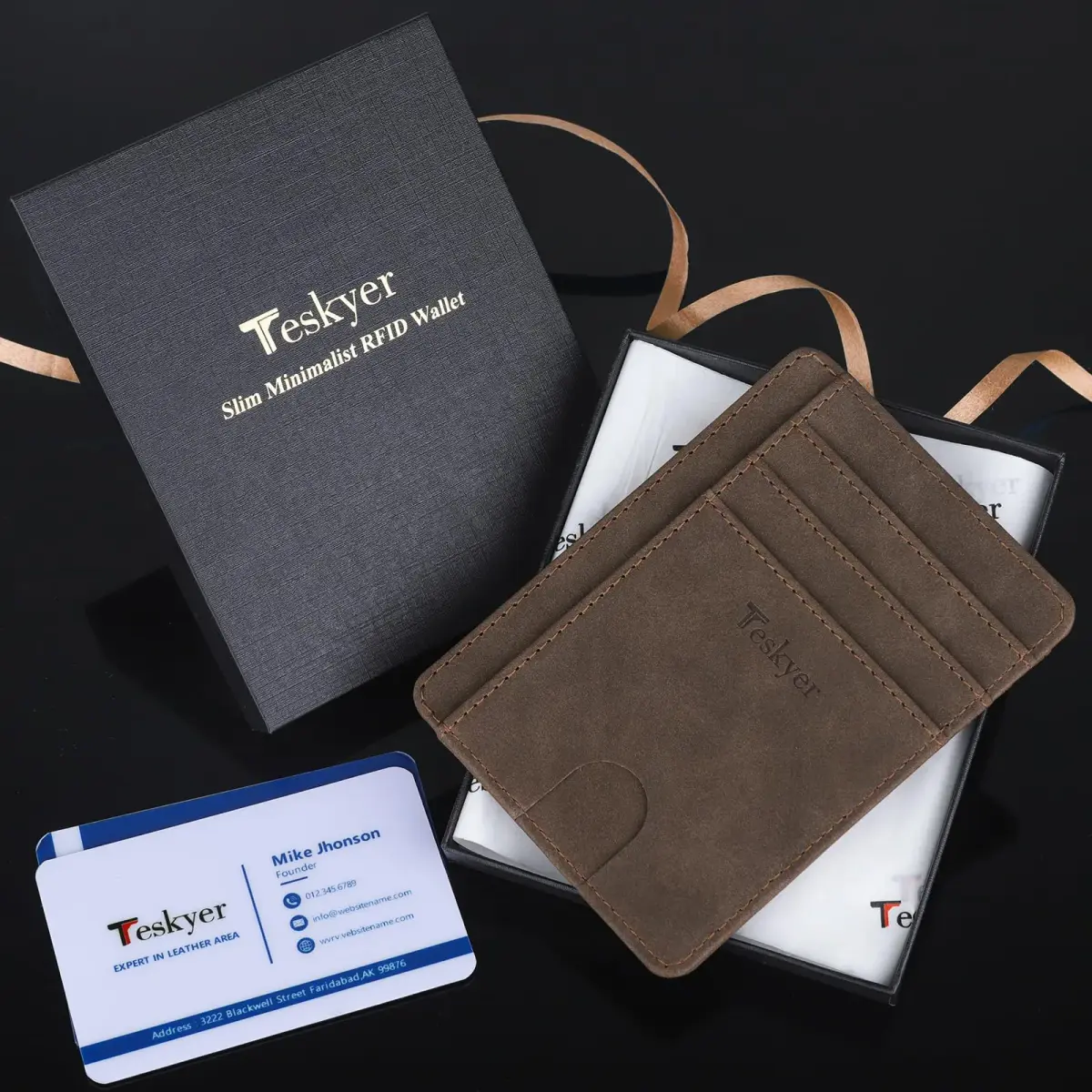 Teskyer RFID Slim Minimalist Wallet for Men, Y98 - Brown | 12cm x 8.9cm (4.7" x 3.5") - view 7