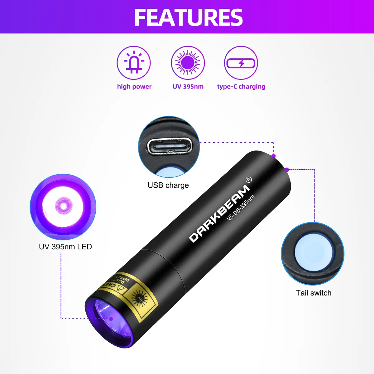 DARKBEAM UV Black Light 395 NM Mini USB-C Powerful Compact - view 3