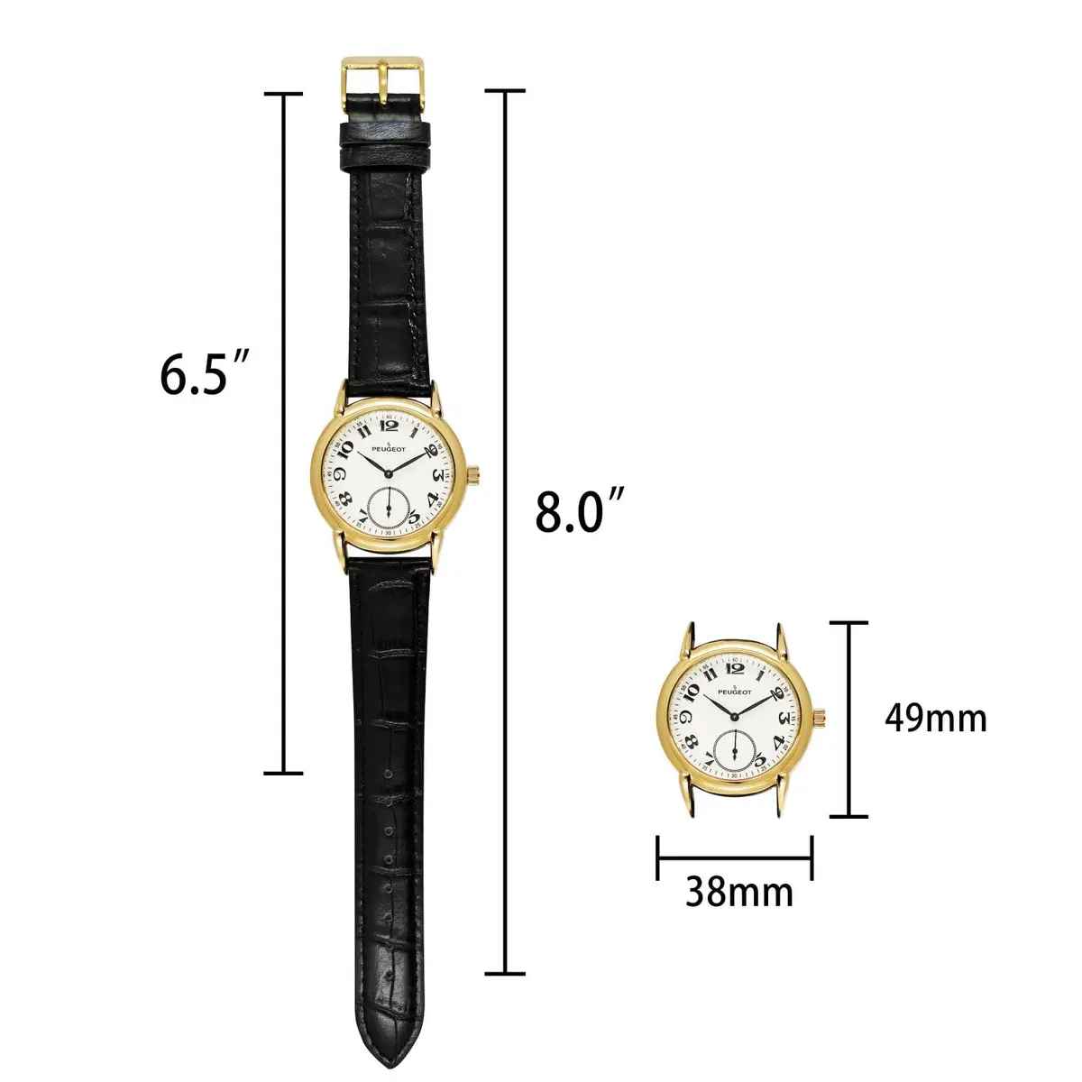 Peugeot Vintage 14K Gold Plated Watch with Remote Sweep & Black Leather Strap | 38mm Case, 20mm Band - view 4
