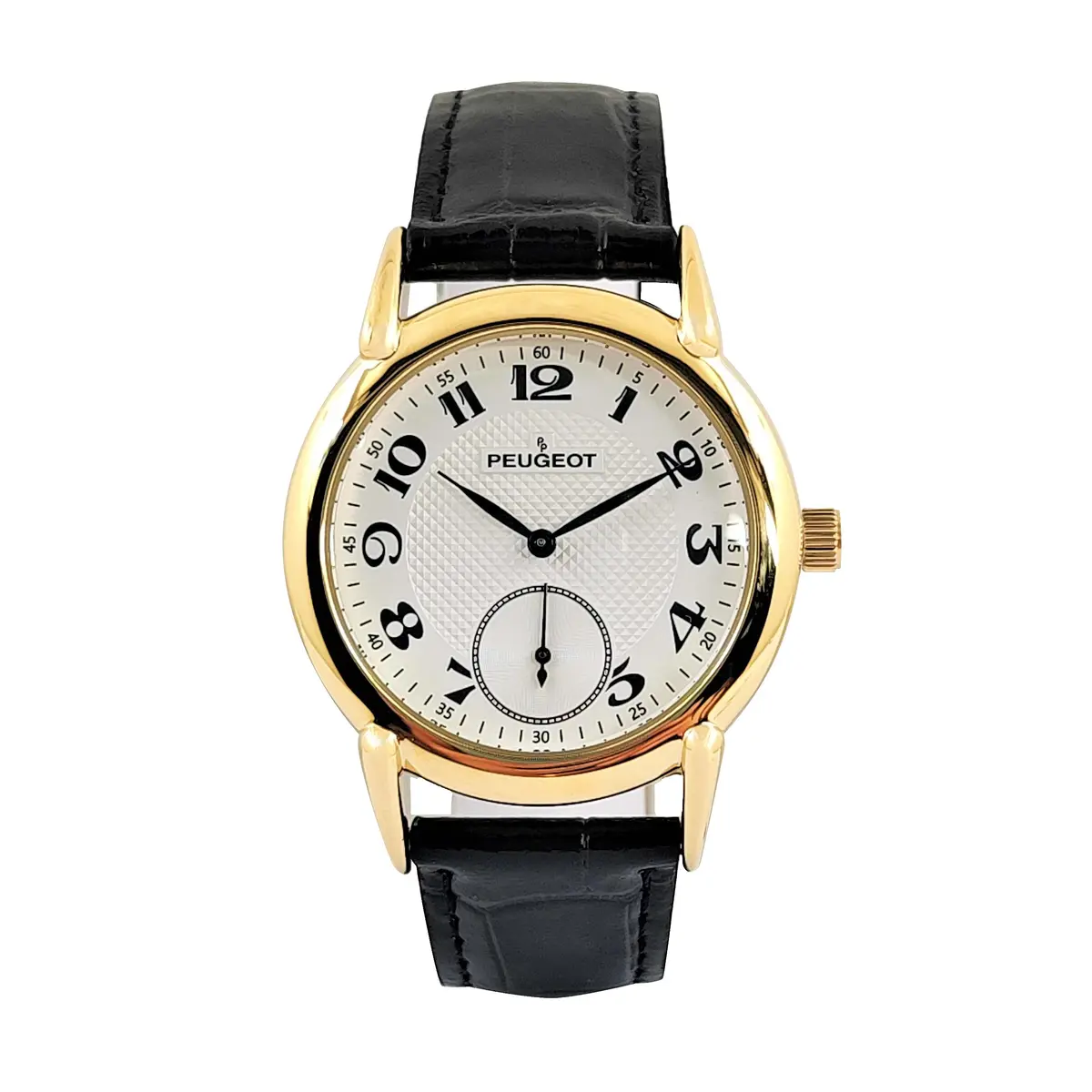 Peugeot Vintage 14K Gold Plated Watch with Remote Sweep & Black Leather Strap | 38mm Case, 20mm Band - main product image