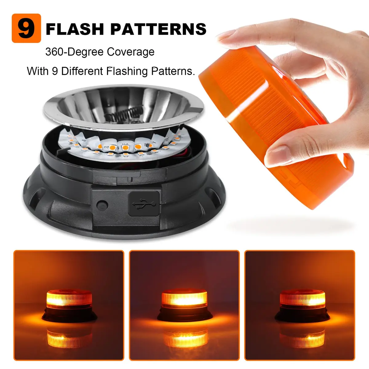 AnTom Magnetic Wireless Amber Warning Beacon Light for Trucks | 360° Visibility, 9 Flash Patterns, IP66 Waterproof (70-120c) - view 5