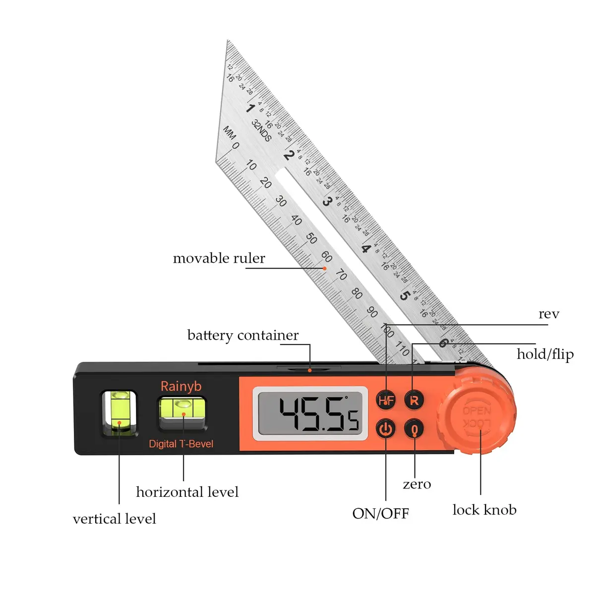 Rainyb Digital Angle Finder & T Bevel Gauge 0-360° | Protractor with LCD & Bubble Level - view 2