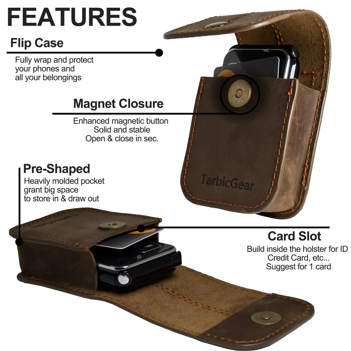 TarbicGear Leather Flip Phone Case for TCL Flip 3 | Belt Clip & Card Slot, Brown - view 2