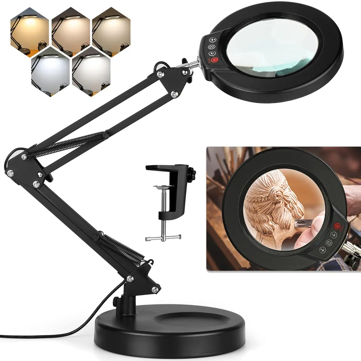 Krstlv 12X Magnifying Glass with Light, 4.3" Glass Lens, 275° Swing Arm, Black | 5 Color Modes Stepless Dimmable LED Desk Lamp & Clamp - main product image