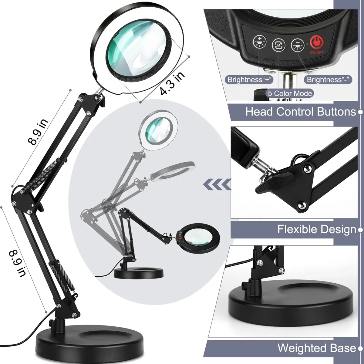 Krstlv 12X Magnifying Glass with Light, 4.3" Glass Lens, 275° Swing Arm, Black | 5 Color Modes Stepless Dimmable LED Desk Lamp & Clamp - view 6