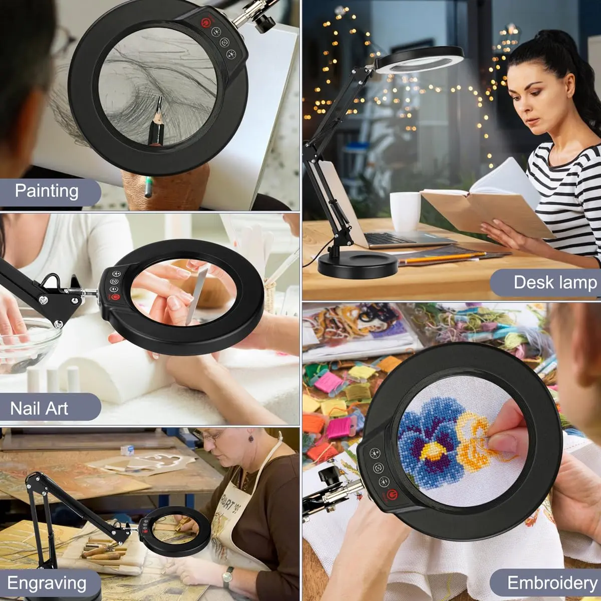 Krstlv 12X Magnifying Glass with Light, 4.3" Glass Lens, 275° Swing Arm, Black | 5 Color Modes Stepless Dimmable LED Desk Lamp & Clamp - view 7