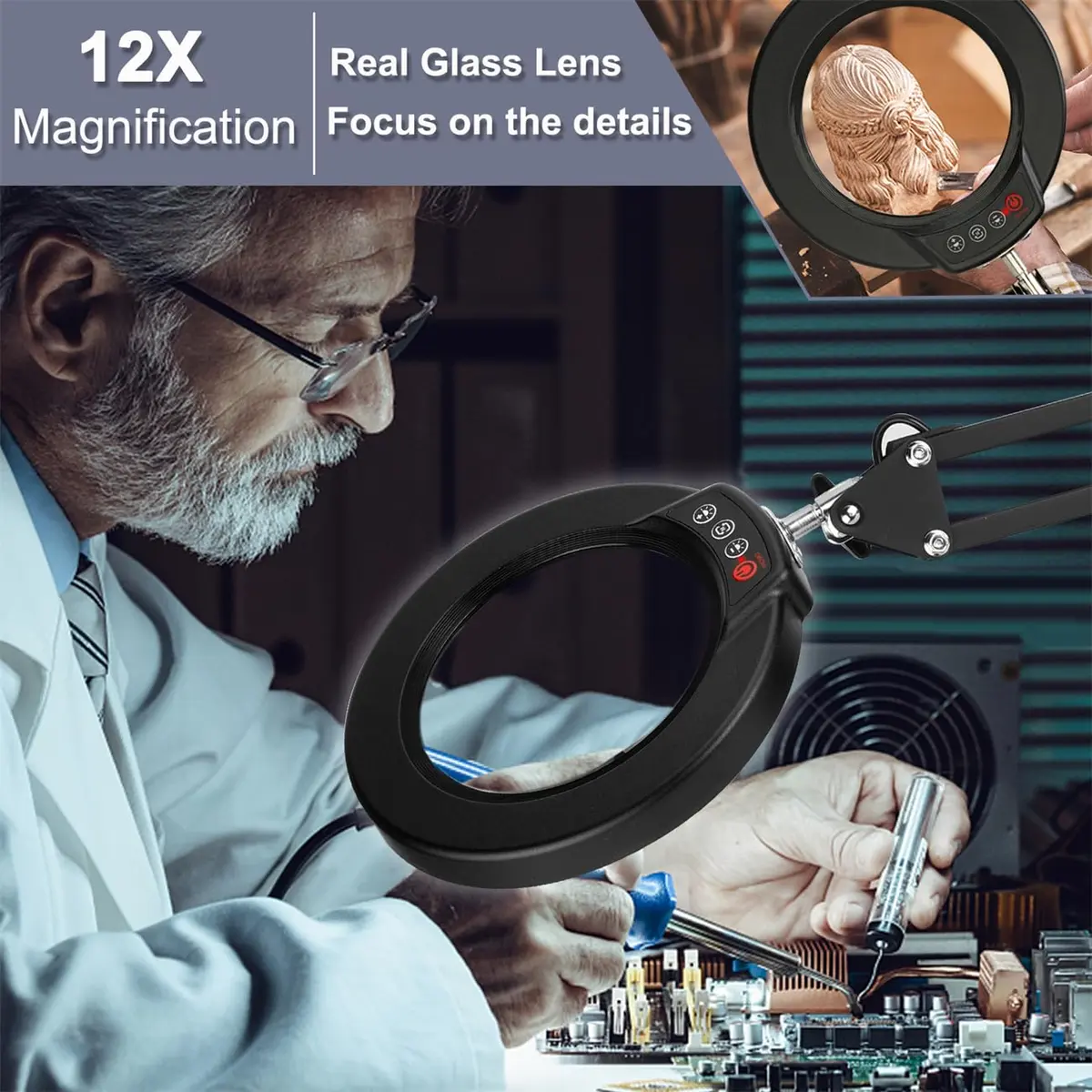 Krstlv 12X Magnifying Glass with Light, 4.3" Glass Lens, 275° Swing Arm, Black | 5 Color Modes Stepless Dimmable LED Desk Lamp & Clamp - view 2