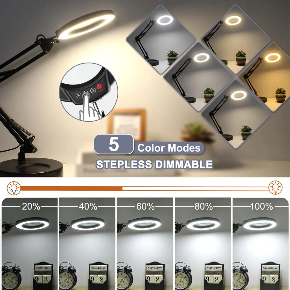 Krstlv 12X Magnifying Glass with Light, 4.3" Glass Lens, 275° Swing Arm, Black | 5 Color Modes Stepless Dimmable LED Desk Lamp & Clamp - view 4