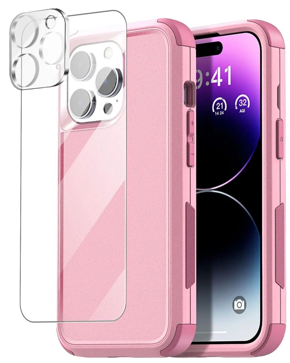 AICase Rugged Case Compatible with iPhone 15 Pro Max + Glass Protector + Camera Lens | Heavy Duty 3-Layer Military Grade Shockproof Drop-Proof Cover - main product image