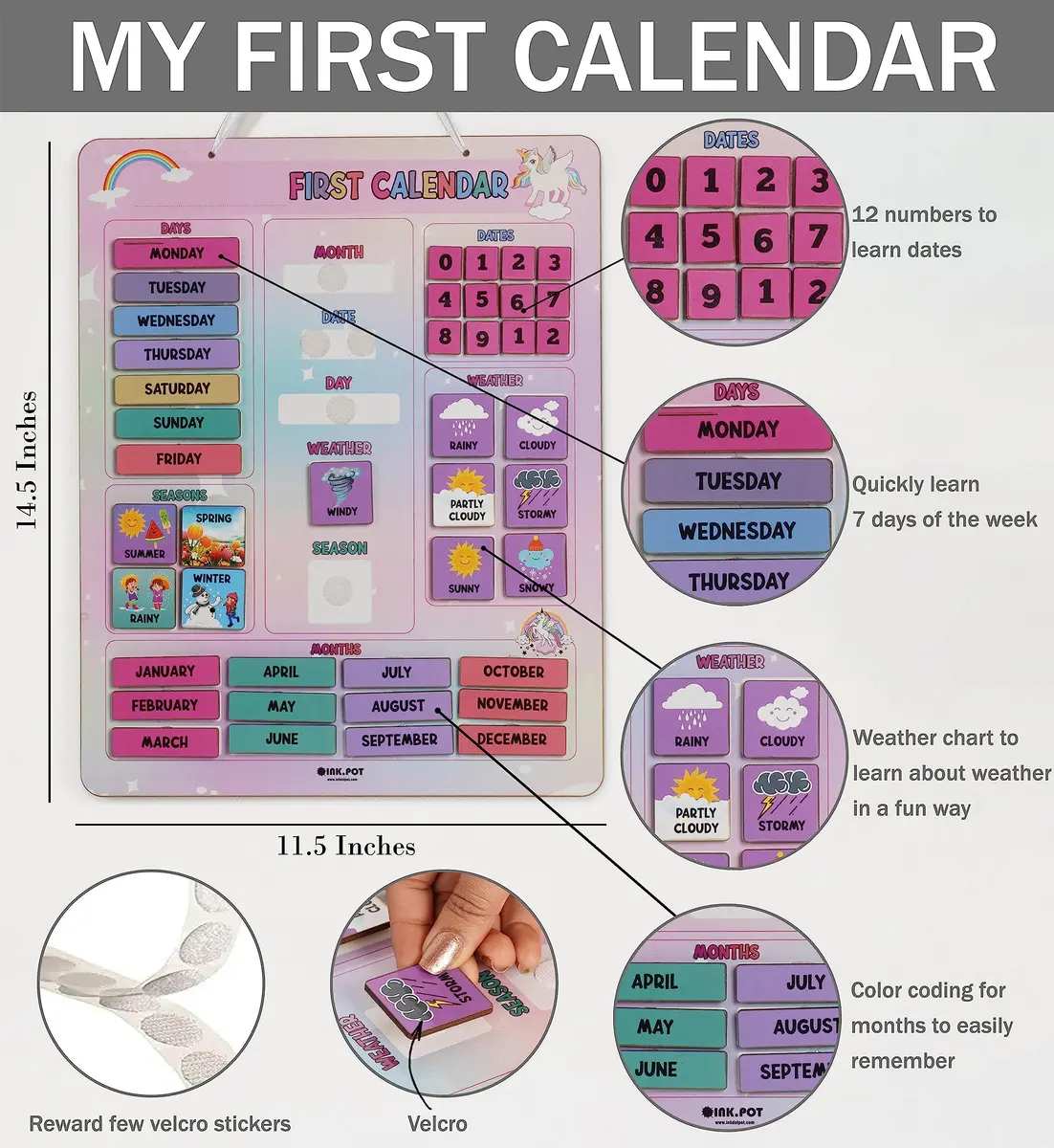 Inkdotpot My First Calendar Board 36.8 cm (14.5 x 11.5 inches) | Fun Learning Educational Board for Kids - view 3
