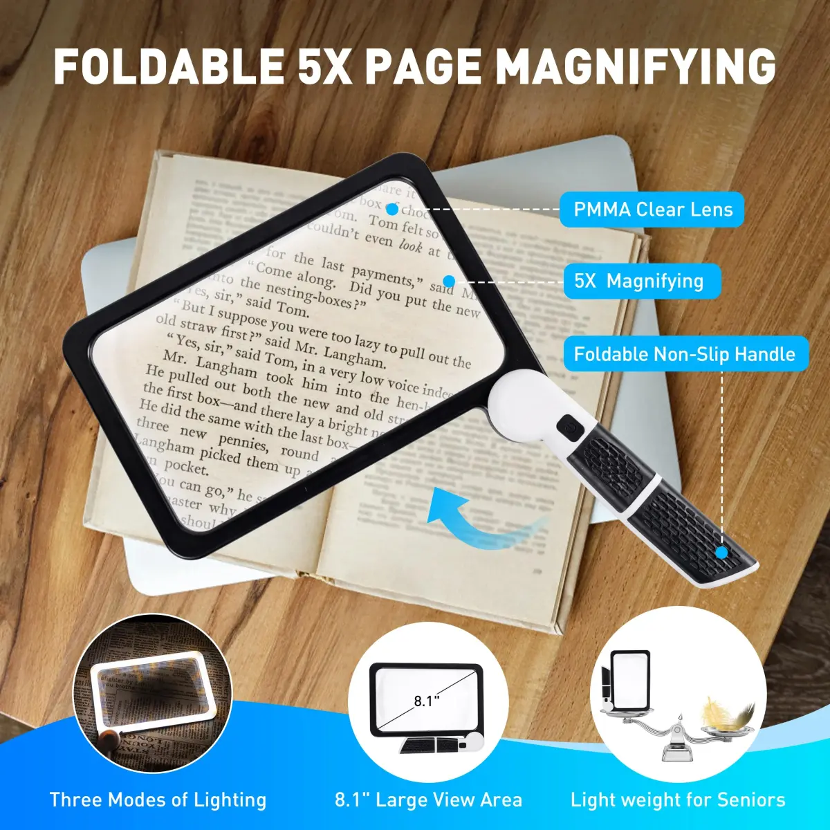 CybaaLuxzus Full Page Magnifier with Light 5X Magnification 17.5cm (6.89in) | Aids for Macular Degeneration - view 2