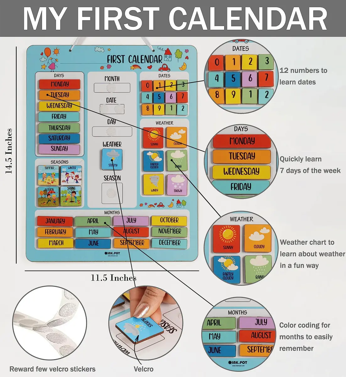 Inkdotpot My First Calendar Board for Preschool | Classroom Learning Wall Calendar 14.5 x 11.5 inches - view 3