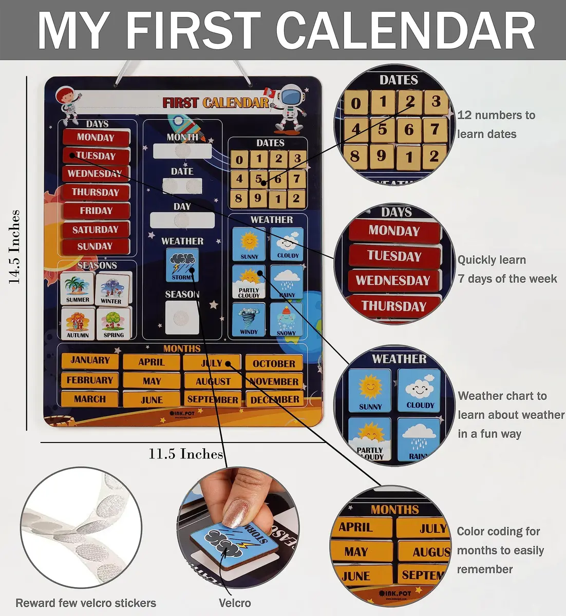 Inkdotpot My First Calendar Board for Kids, Preschool Wall Hanging 36.8cm x 29.2cm (14.5 x 11.5 inches) | Fun Learning Daily Calendar - view 3