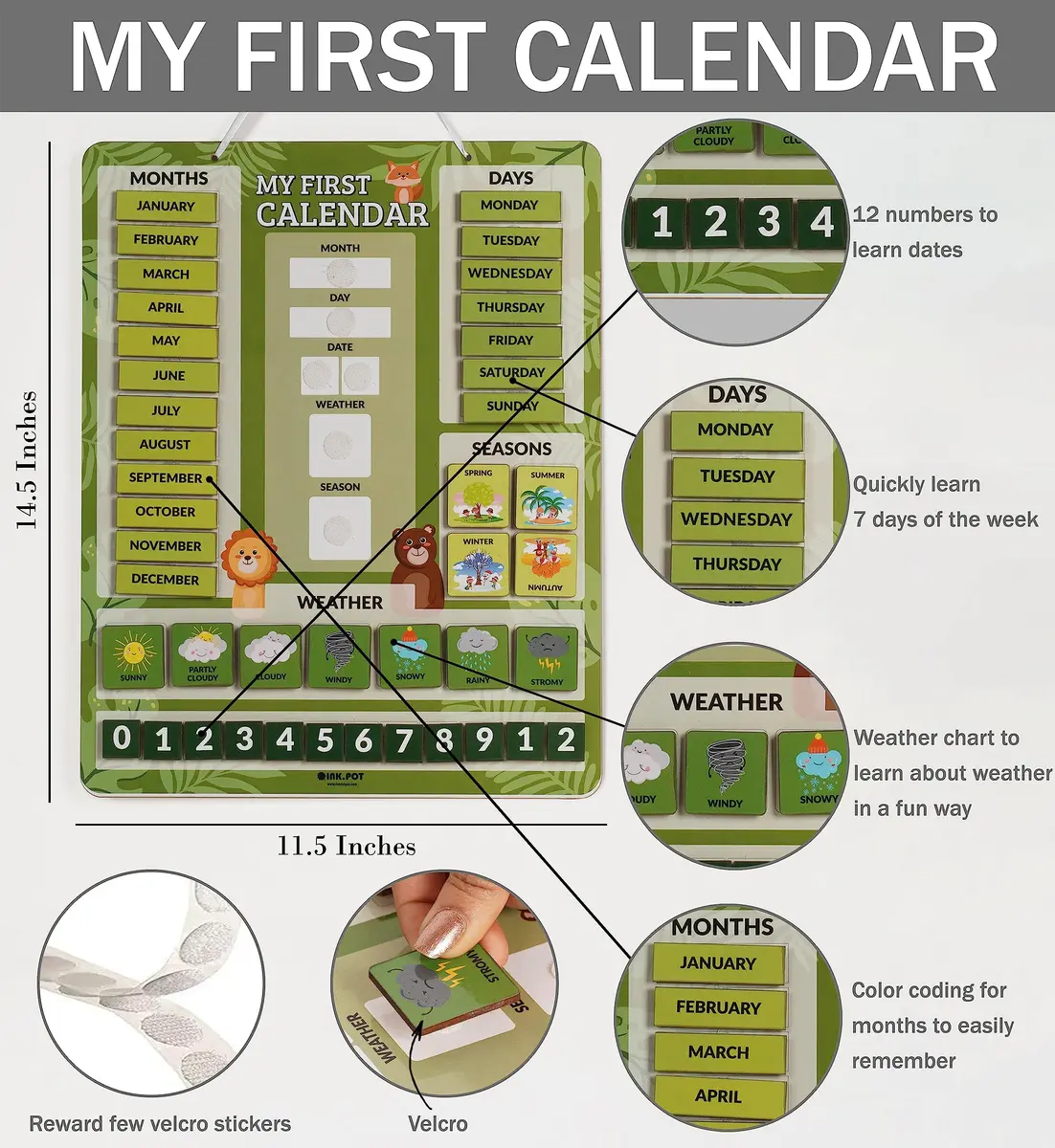 Inkdotpot My First Calendar Board for Kids | Fun Learning Wall Calendar 14.5x11.5 inches - view 3