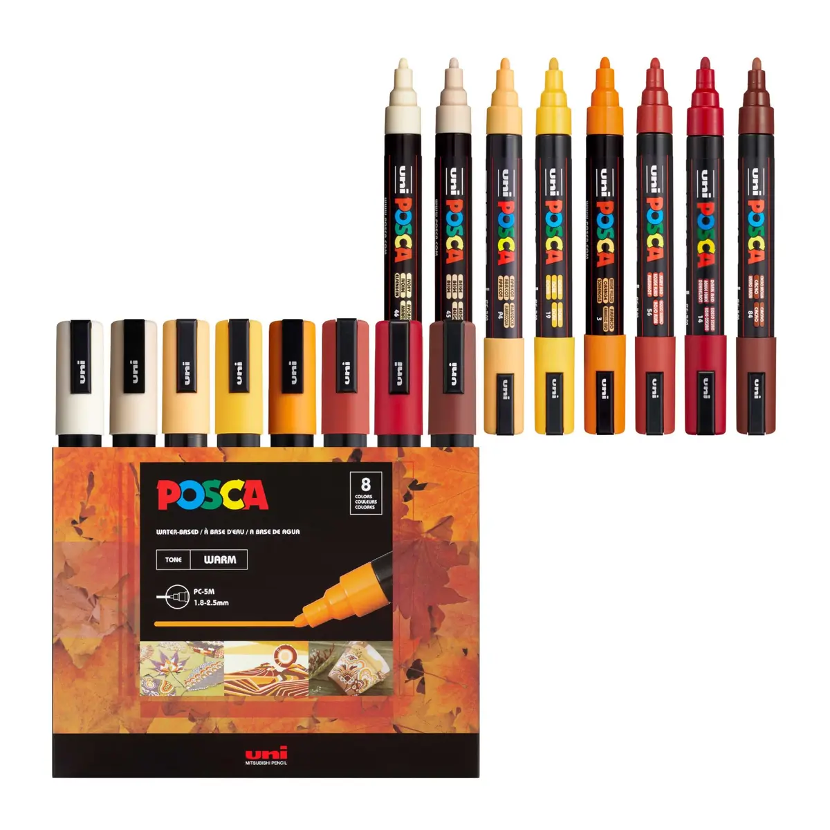 POSCA PC-5M Water-Based Acrylic Paint Markers, Medium Tip, 8 Count Warm Tones | ACMI-Certified, Opaque Paint Pens for Rock, Wood, Glass, Crafts & Art Projects - main product image
