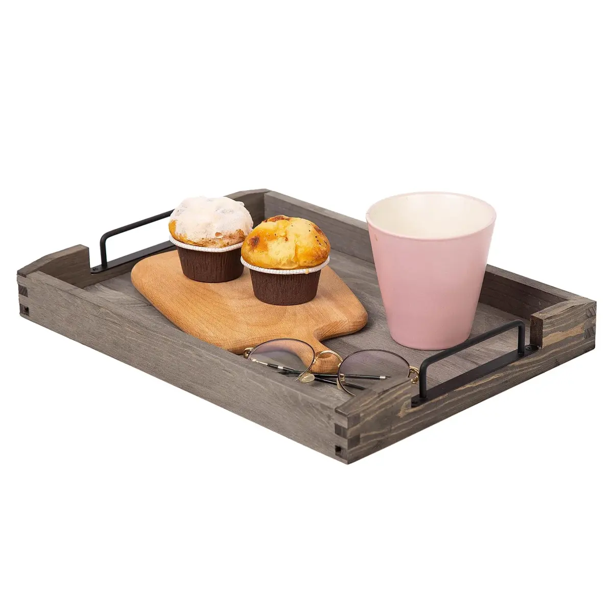 VERGOODR Torched Wood Nesting Serving Trays with Handles, Set of 3, Dark Grey | Rustic Style for Breakfast & Coffee Tables - main product image