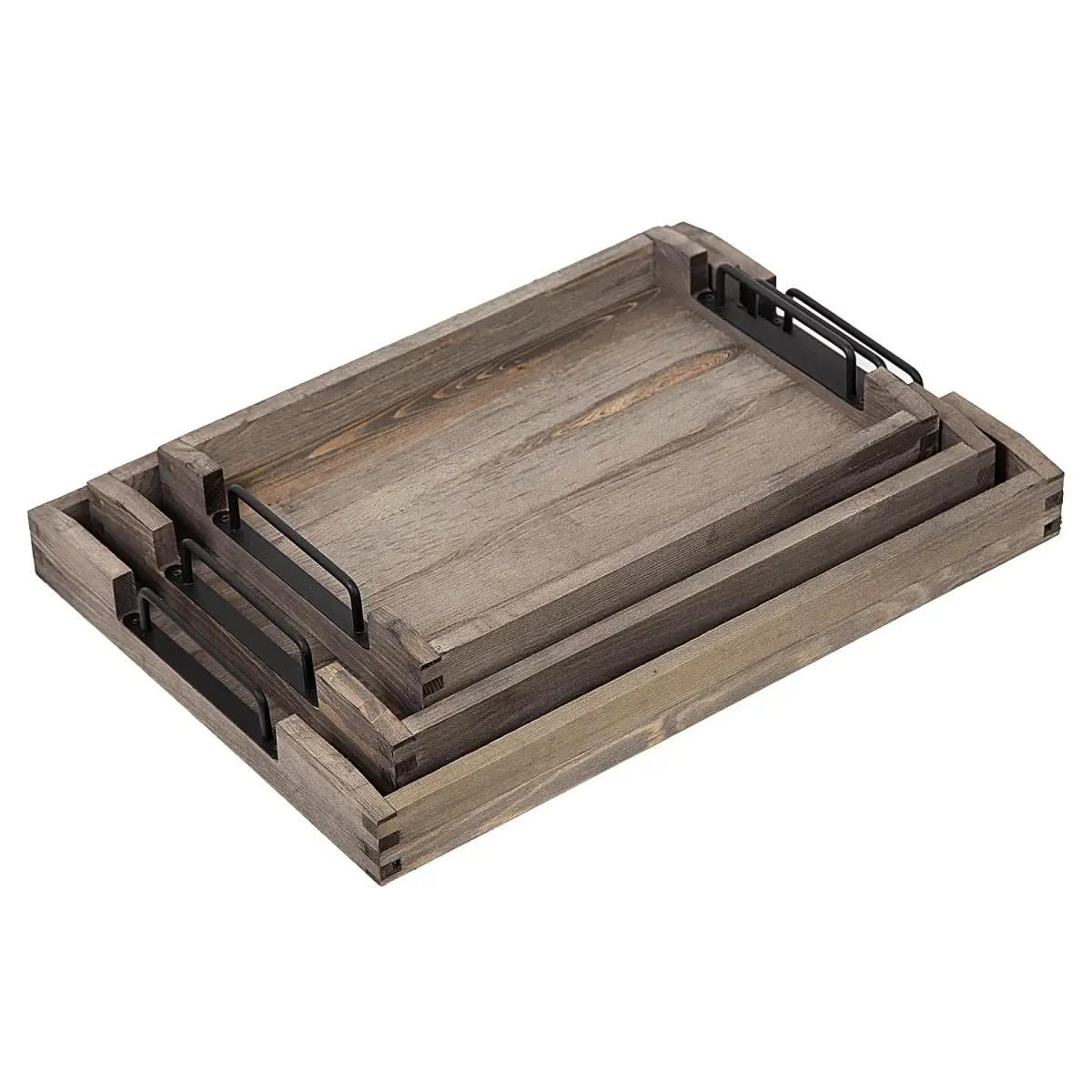 VERGOODR Torched Wood Nesting Serving Trays with Handles, Set of 3, Dark Grey | Rustic Style for Breakfast & Coffee Tables - view 2