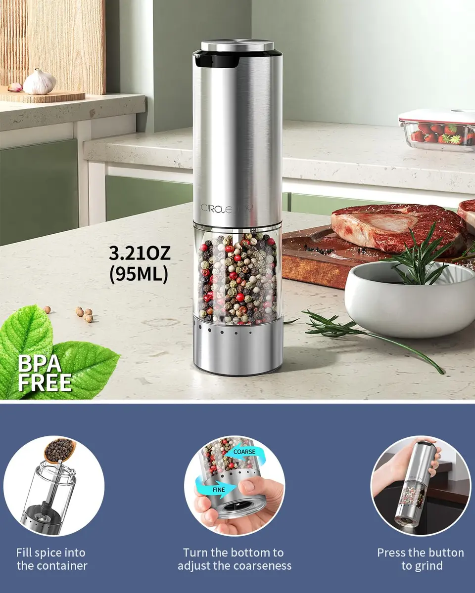 CIRCLE JOY Electric Pepper Grinder Stainless Steel 95ml | Rechargeable, Adjustable Coarseness, White LED Light - view 5