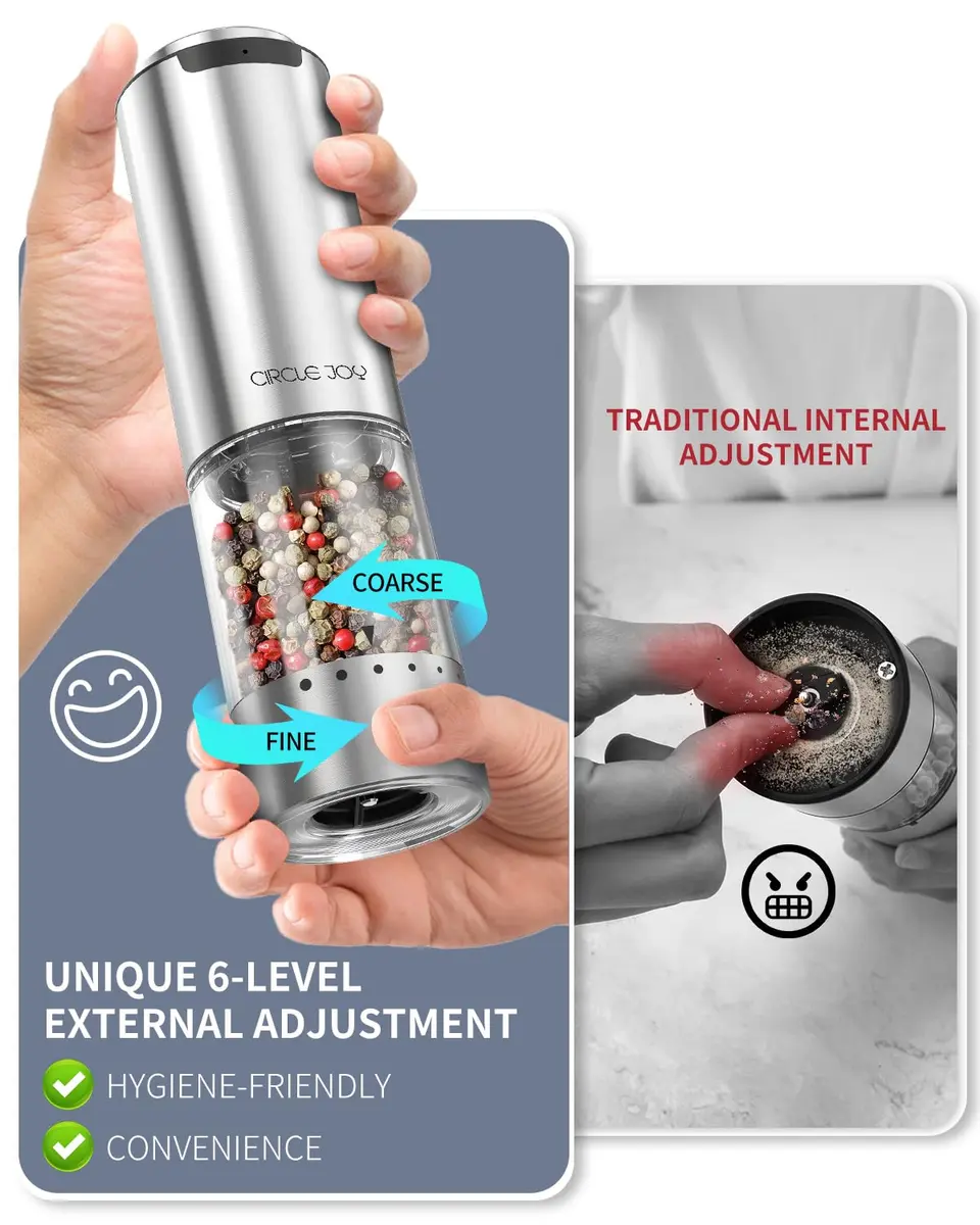 CIRCLE JOY Electric Pepper Grinder Stainless Steel 95ml | Rechargeable, Adjustable Coarseness, White LED Light - view 2