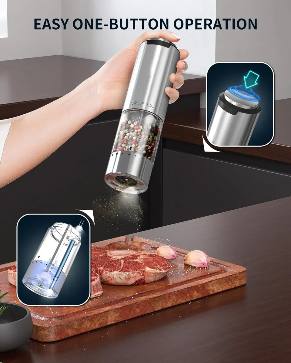CIRCLE JOY Electric Pepper Grinder Stainless Steel 95ml | Rechargeable, Adjustable Coarseness, White LED Light - view 4