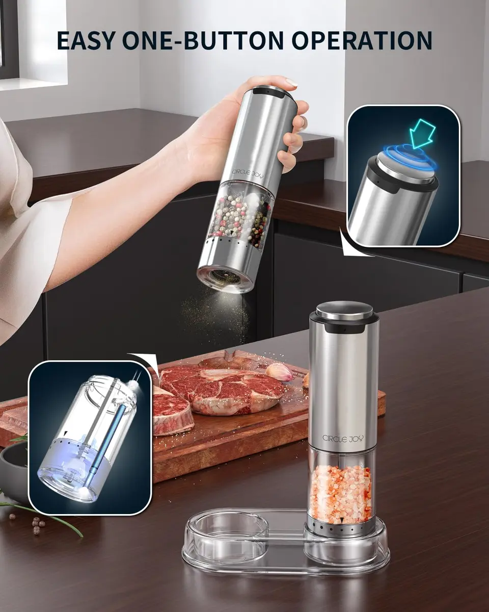 CIRCLE JOY Rechargeable Electric Salt and Pepper Grinder Set with Base, Stainless Steel Mills, 95ml Container, White LED, Adjustable Coarseness | Imported from USA - view 4