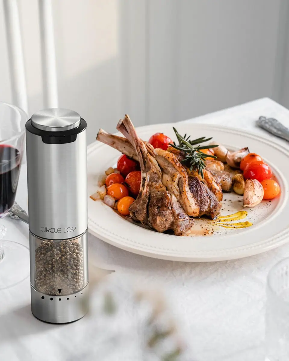 CIRCLE JOY Rechargeable Electric Salt and Pepper Grinder Set with Base, Stainless Steel Mills, 95ml Container, White LED, Adjustable Coarseness | Imported from USA - view 5