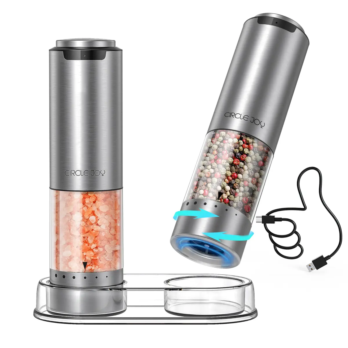 CIRCLE JOY Rechargeable Electric Salt and Pepper Grinder Set with Base, Stainless Steel Mills, 95ml Container, White LED, Adjustable Coarseness | Imported from USA - main product image