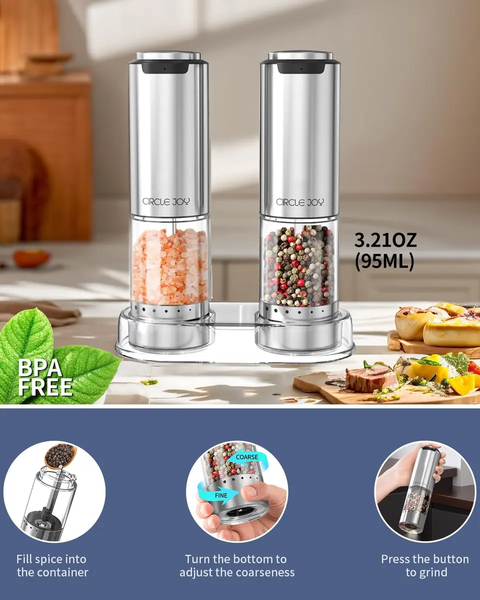 CIRCLE JOY Rechargeable Electric Salt and Pepper Grinder Set with Base, Stainless Steel Mills, 95ml Container, White LED, Adjustable Coarseness | Imported from USA - view 3
