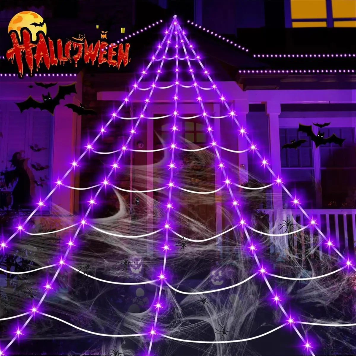 N/A Lighted Outdoor Halloween Spider Web 23x18 Ft with 250 Purple LEDs | Waterproof, 8 Modes, Timer - main product image