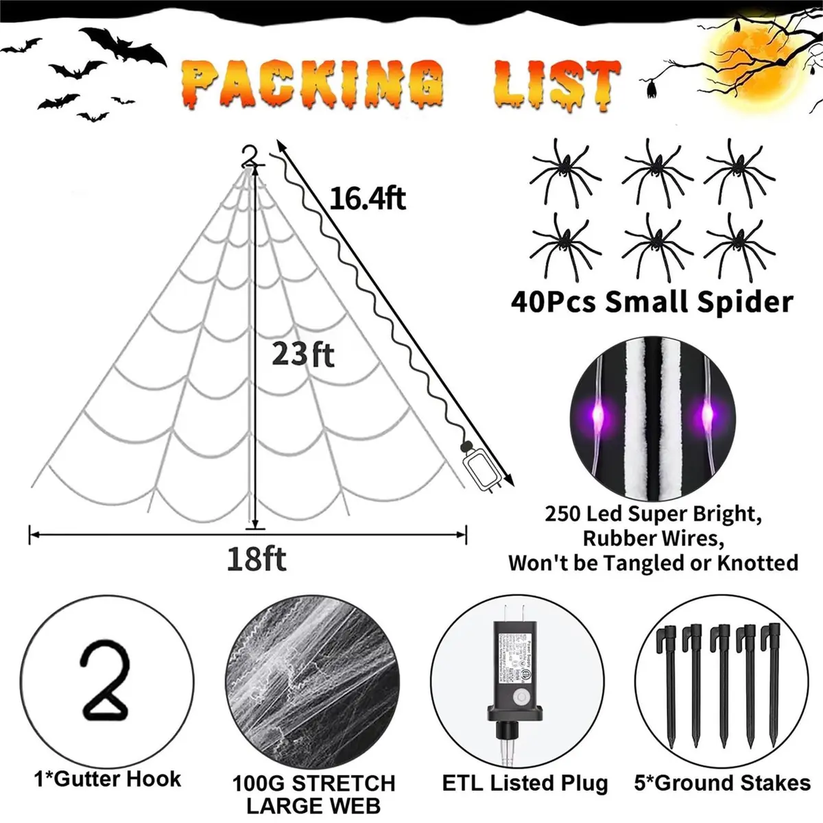 N/A Lighted Outdoor Halloween Spider Web 23x18 Ft with 250 Purple LEDs | Waterproof, 8 Modes, Timer - view 3