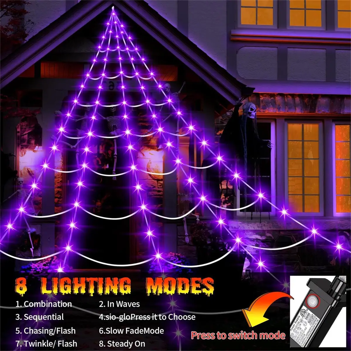 N/A Lighted Outdoor Halloween Spider Web 23x18 Ft with 250 Purple LEDs | Waterproof, 8 Modes, Timer - view 4