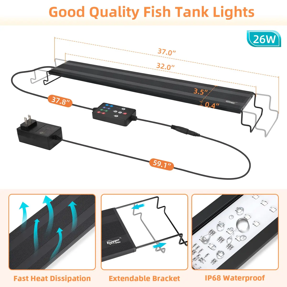 hygger LED Aquarium Light 26W Full Spectrum Fish Tank Light with Timer & 24/7 Mode, 1294lm, Black | 82.55 cm (32.5 in) Tank - view 6