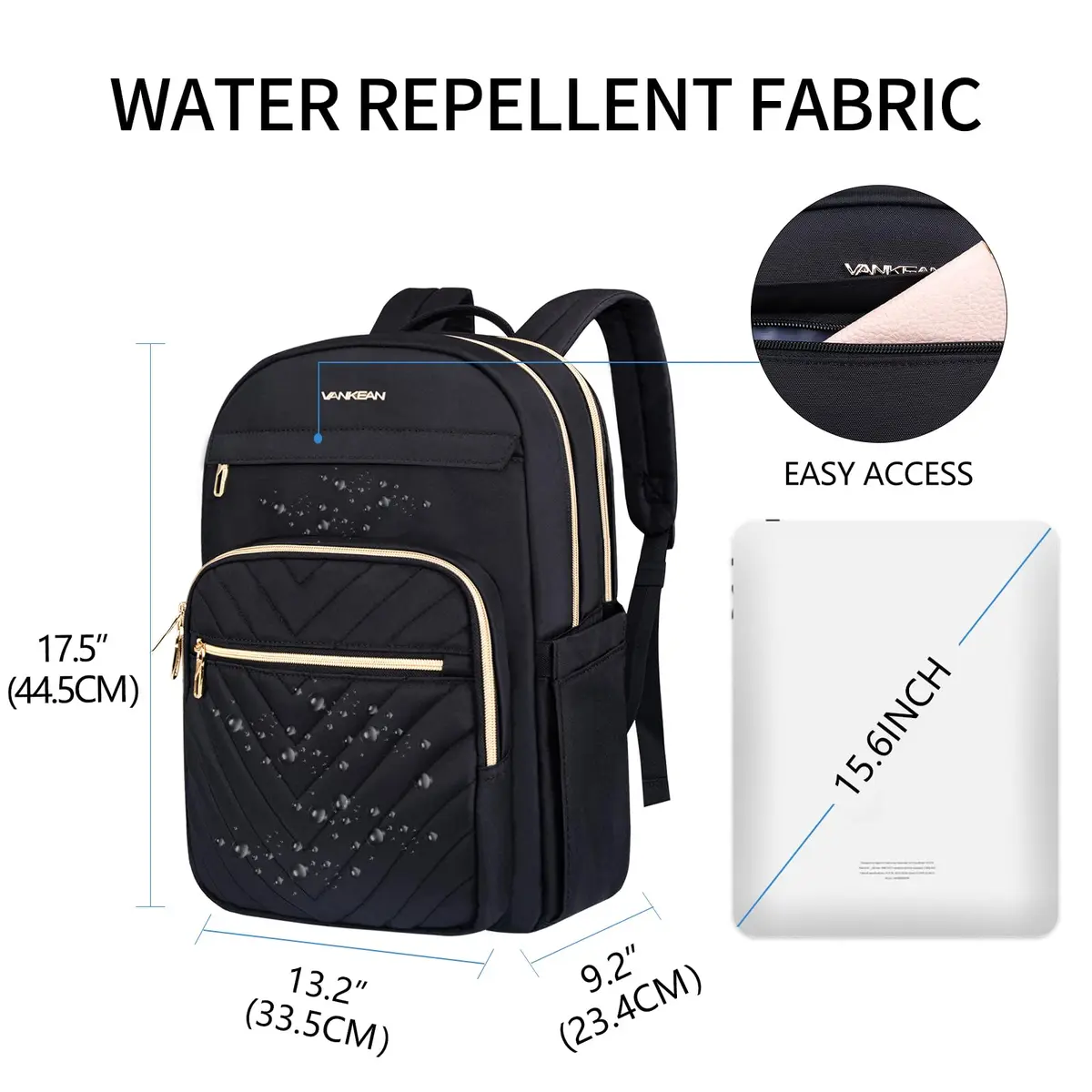 VANKEAN 17.3 Inch Laptop Backpack for Women Large Capacity Quilted Black | Water-Resistant Travel & Work Bag - view 2