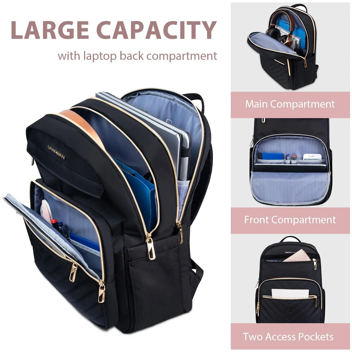 VANKEAN 17.3 Inch Laptop Backpack for Women Large Capacity Quilted Black | Water-Resistant Travel & Work Bag - view 3