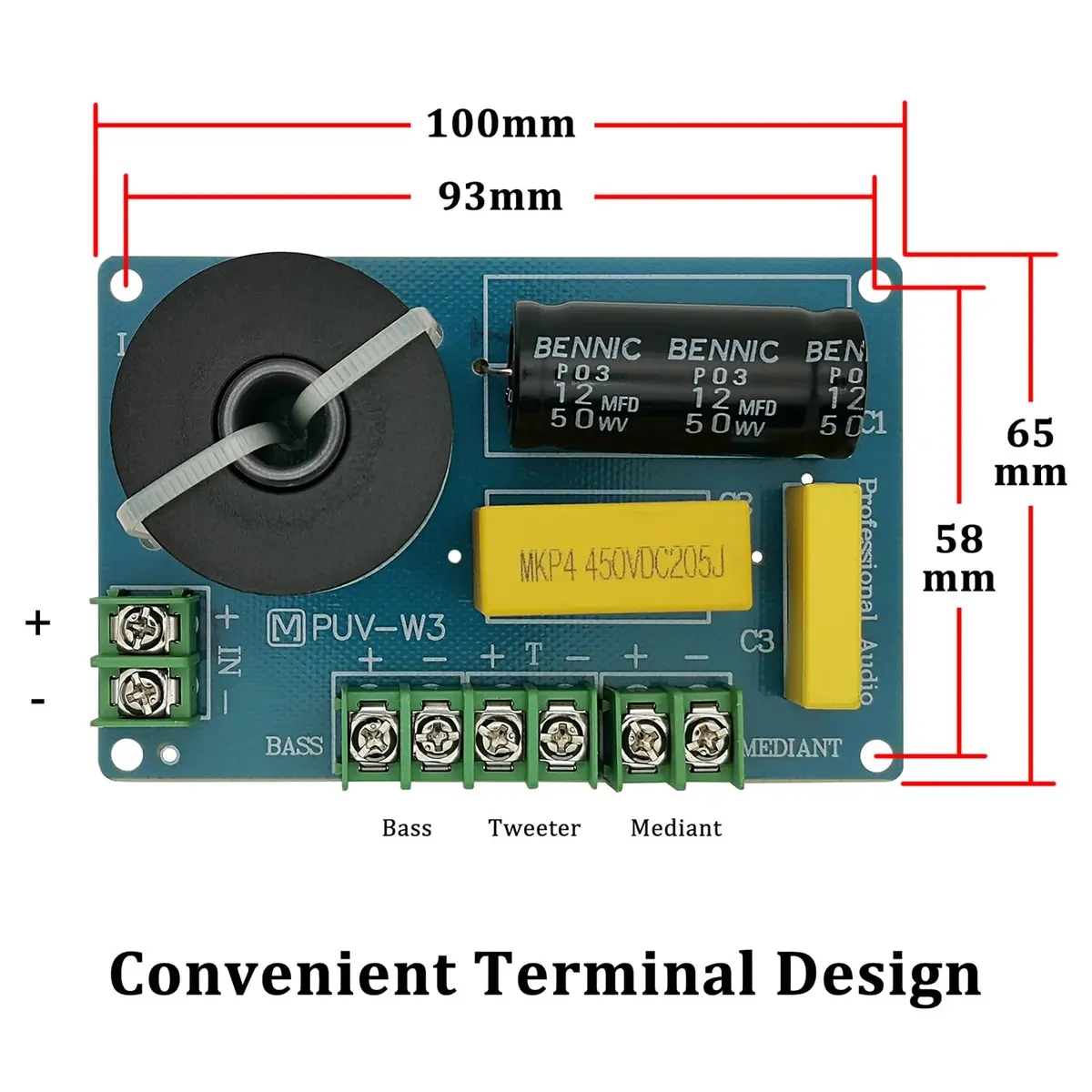 HiQltyla 3 Way Speaker Crossover 200W PUV-W3 | 100mm (3.9") ABS Board, 4-8 Ohm - view 2