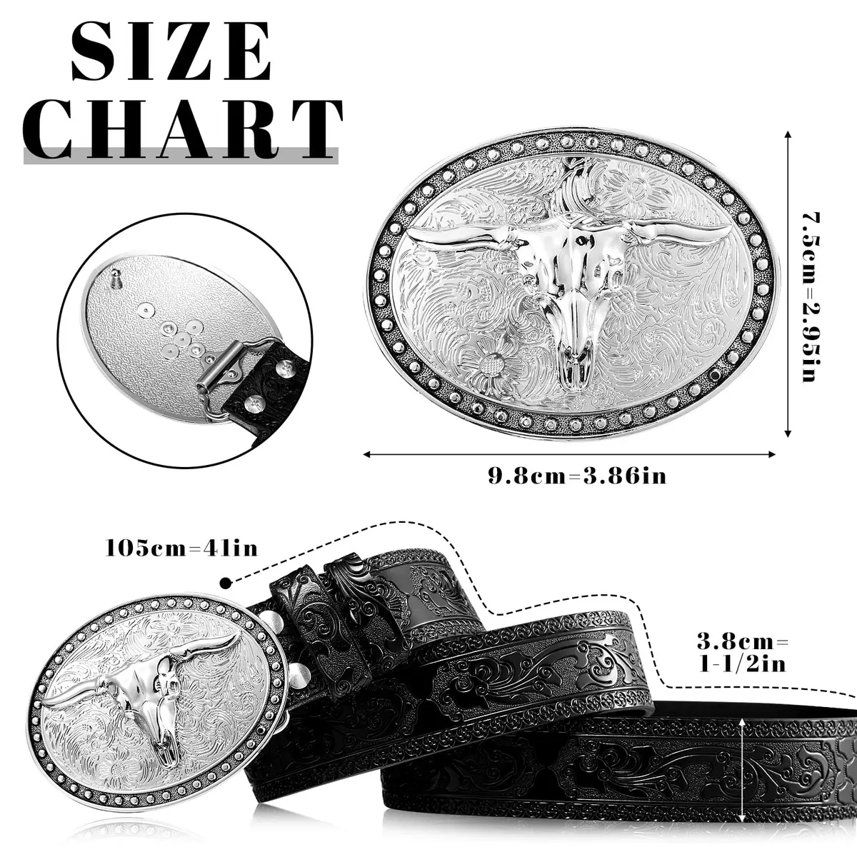 Xuniea Western Belt for Men Floral Engraved Leather Buckle Belt 41 Inch (104 cm) Black | Genuine Cowhide Leather - view 2
