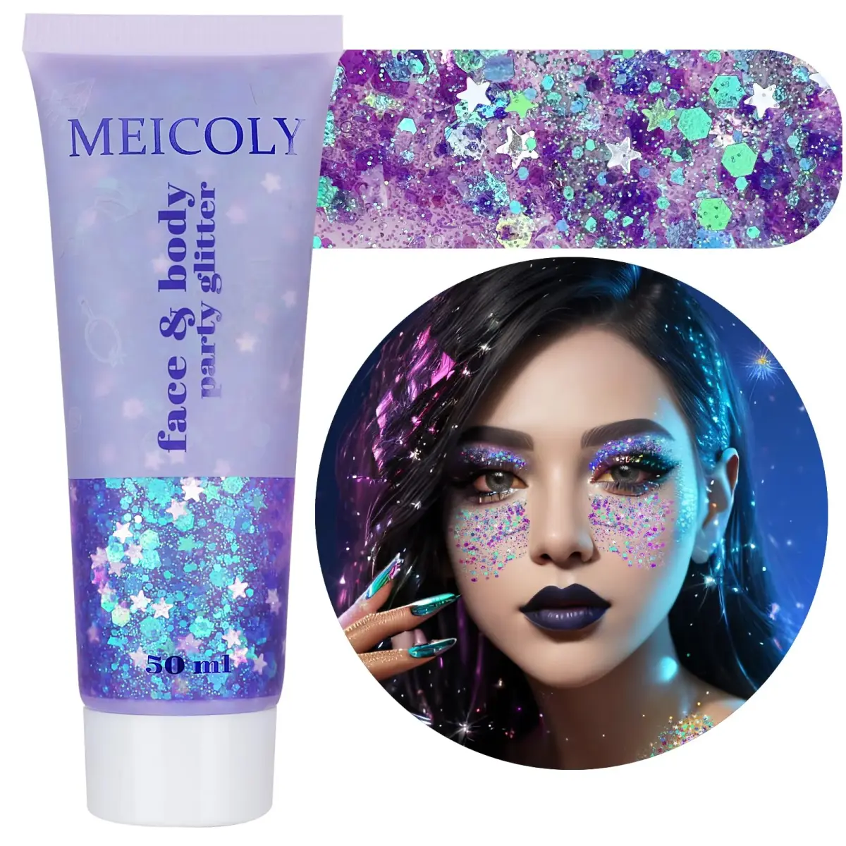 MEICOLY Light Purple Holographic Mermaid Face Glitter Gel | 25.5 g (0.9 oz) - main product image