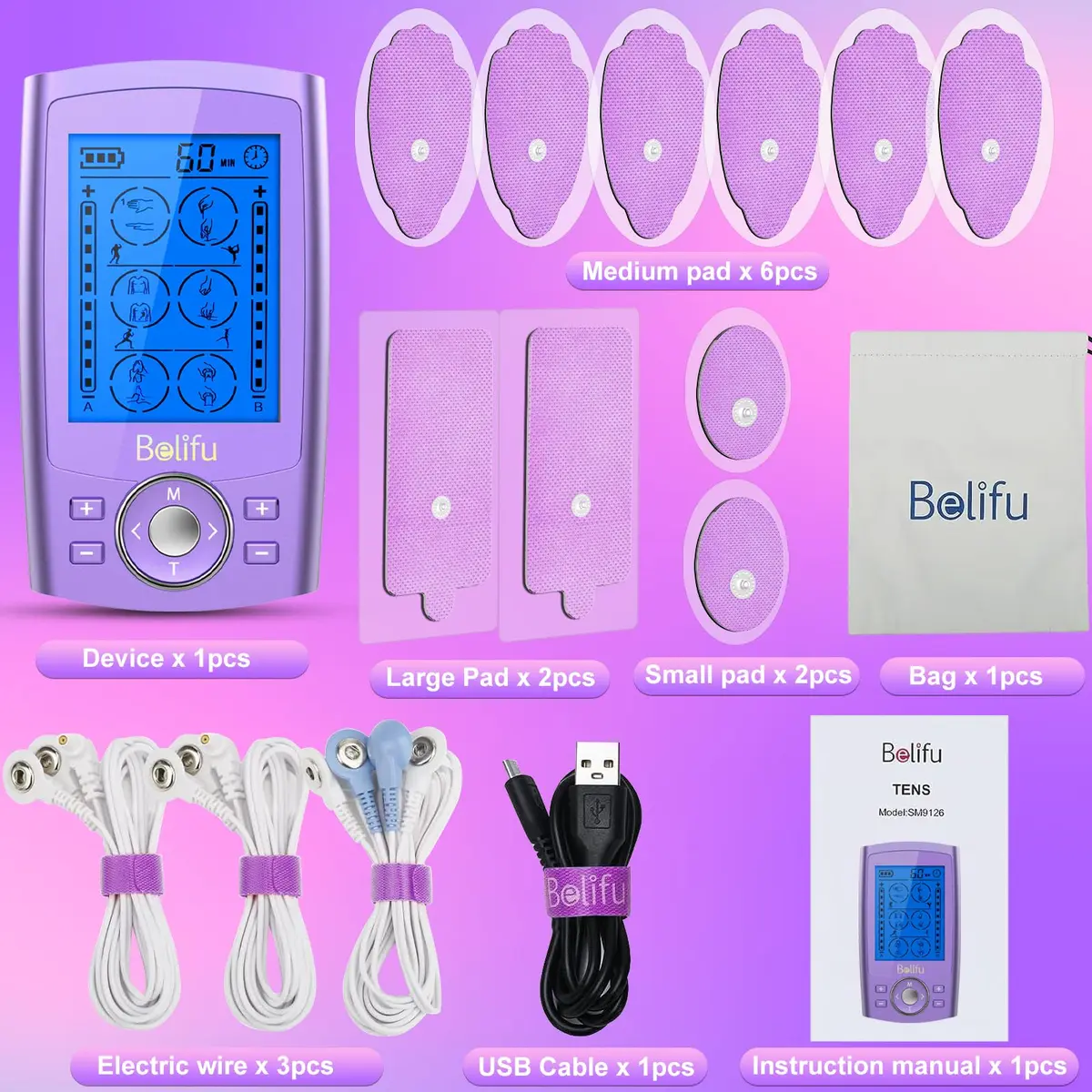 Belifu TENS & PMS Muscle Stimulator 24 Modes | Pain Relief & Therapy Device with 10 Pads - view 7